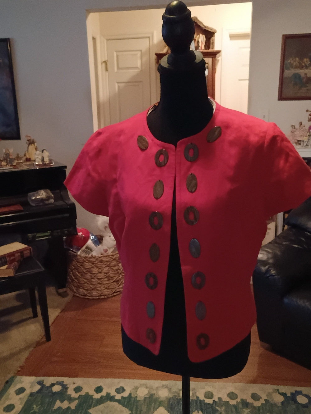 Kasper Hot Pink Short-Sleeve Jacket with Decorative Buttons